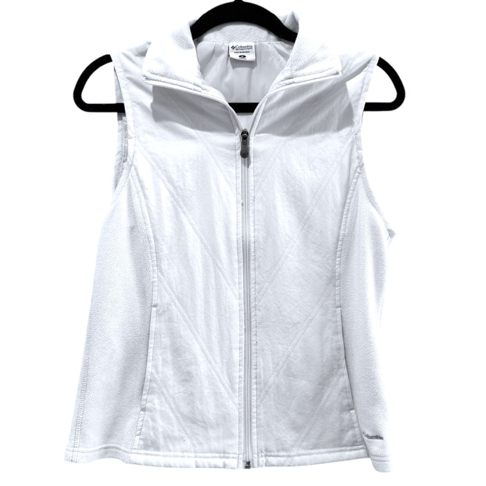 Columbia Womens White Full Zip Fleece Vest Chevron Quilted Small Pockets